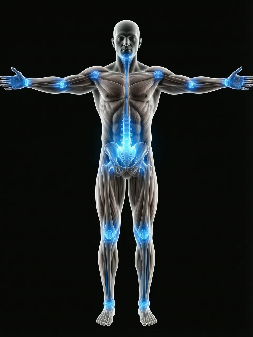 Full body X-ray with blue healing glow on joints