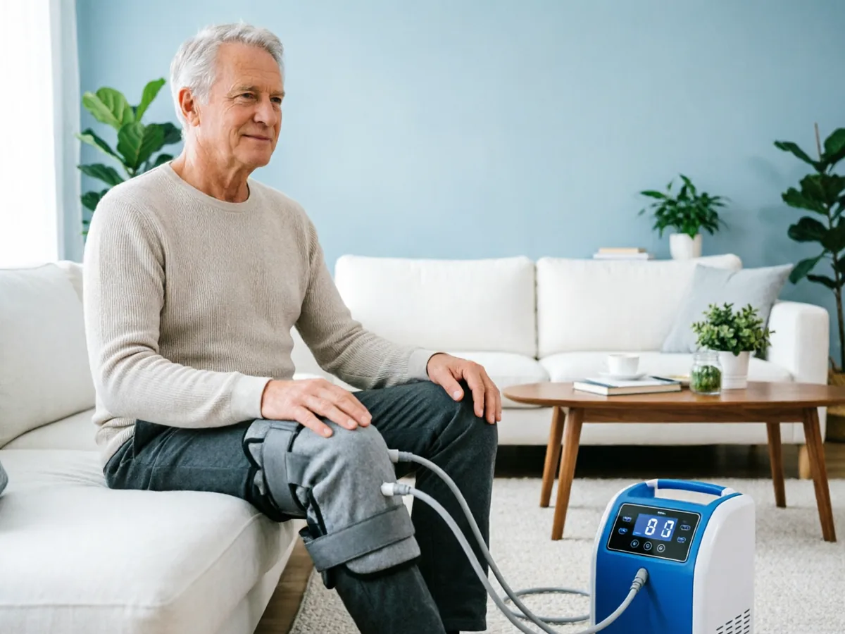 Senior man using knee cold therapy device