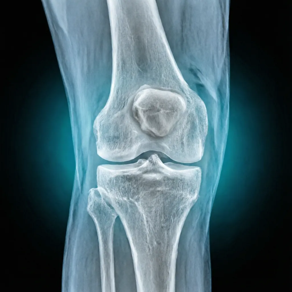 Knee joint X-ray with blue healing glow