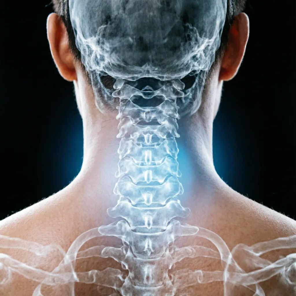 Cervical spine X-ray with blue healing glow